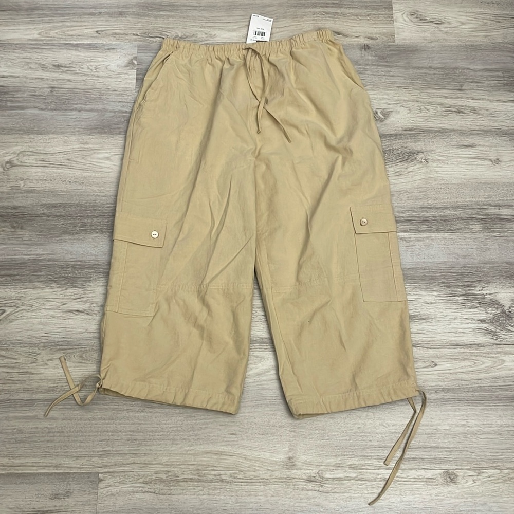 NWT Jane Ashley Tan 100% Cotton Pull On Elastic Drawstring Waist Pants Size PXL